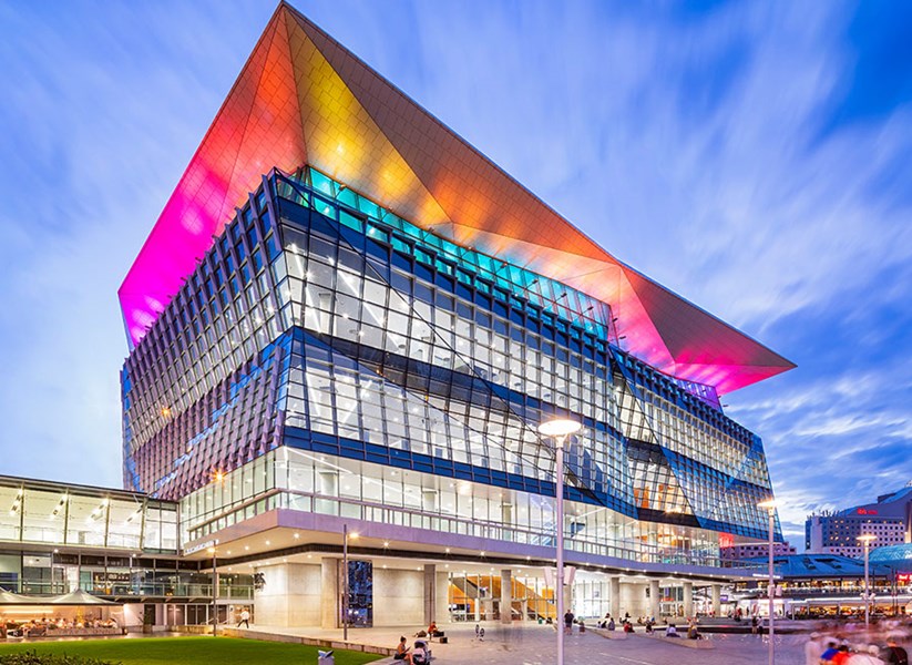 Impressive facade of the International Convention Centre Sydney with modern architectural design